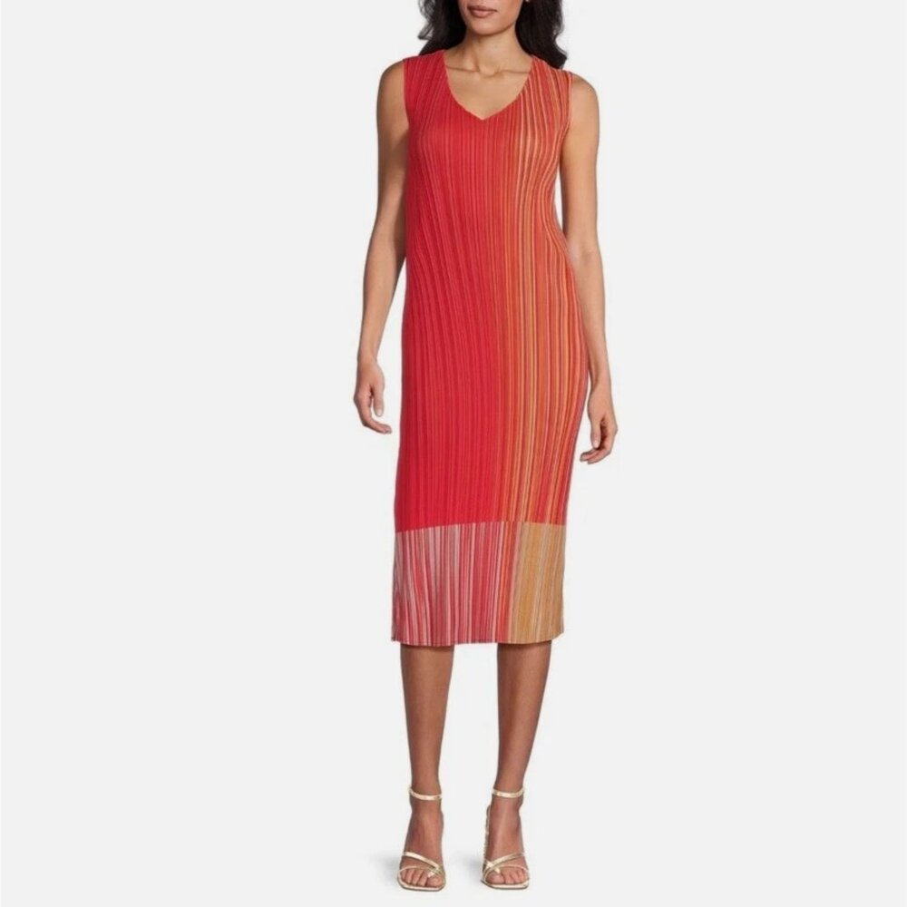 NWT Ming Wang Ombre Stripe Crêpe de Chine Pleated Sleeveless Midi Dress L
